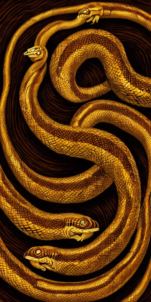 Prompt: concept art of an ouroboro, endless snake, made of gold, on a dark wood background, surrounded by spirals of fog, grimy, gritty, trending on artstation, award winning painting, close portrait, cgi, art by david cronenberg and chris cunningham