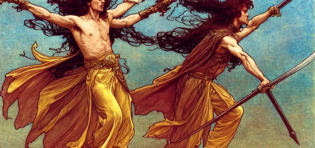 Image similar to a dual wielding golden swordsman leans back as he dances elegantly in the wind, his robes and long hair flowing in the breeze, his enemies lying on the ground below, fantasy, Mucha, MTG, Game of Thrones, salsa dancing, Rossetti, Millais