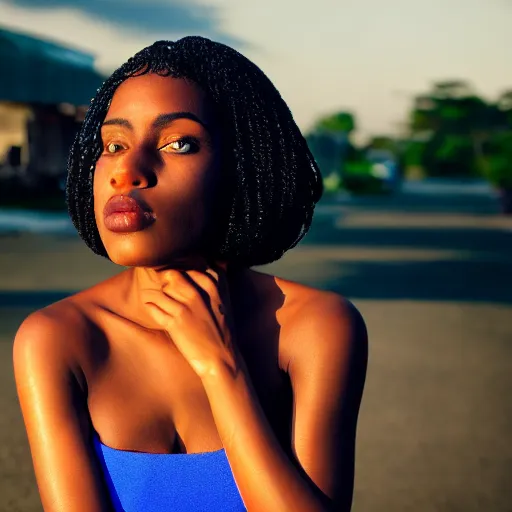 Image similar to portrait face of a beautiful gorgeous black edgy model girl with short hair, bikini, big leaps, blue eyes, she's sad, sunset, street of africa, 8 0 mm lens, 1. 2 aperture, grainy image, close up, cinematic light, 8 k, 4 k, very detailed, depressing atmosphere, cover magazine