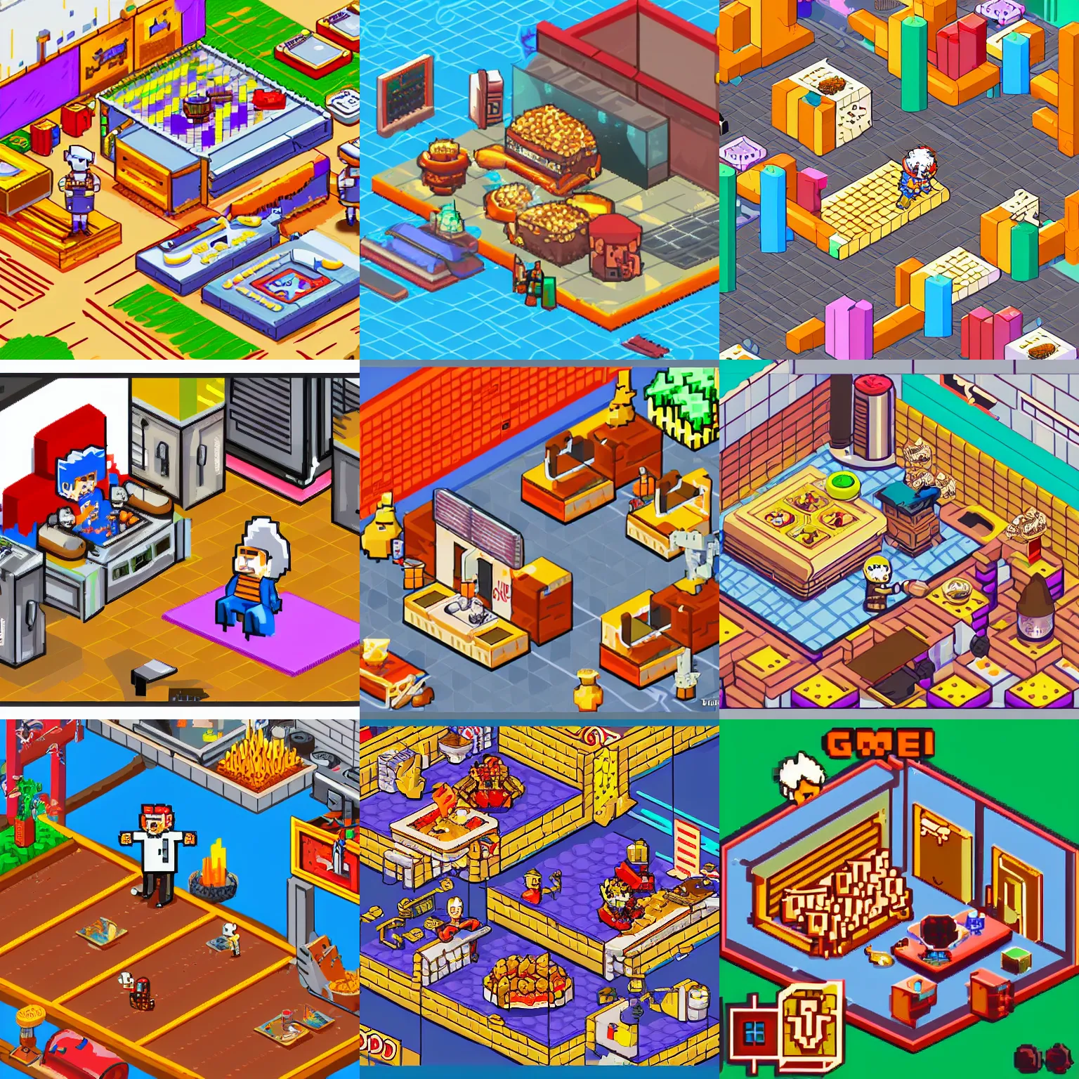 Prompt: a videogame starring Guy Fieri, isometric, pixel art, colorful, detailed