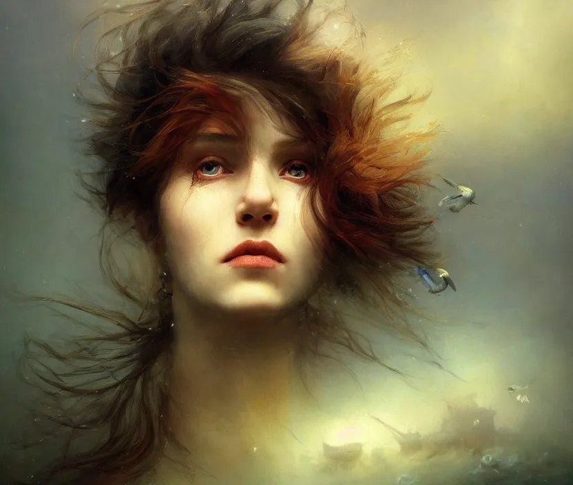 Image similar to three-quarters portrait with papery flaking skin, piercing multi-colored eyes, underwater flowing hair, dreams of the fae; painted in oil on canvas; highly detailed surrealism by Aleksi Briclot and Ivan Aivazovsky; 8k; masterpiece, award-winning, sharp focus, artstation