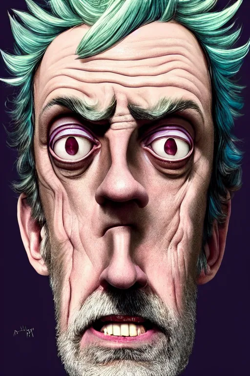 Image similar to Hugh Laurie as crazy genius Rick Sanchez from Rick and Morty, unibrow, white robe, big eyes, realistic portrait, symmetrical, highly detailed, digital painting, artstation, concept art, smooth, sharp focus, illustration, cinematic lighting, art by artgerm and greg rutkowski and alphonse mucha