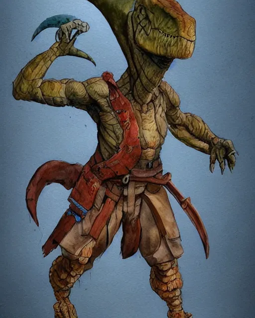 Prompt: a watercolor painting full body character portrait of a humanoid dinosaur / animal soldier / martial artist in the style of moebius in the style of leonard boyarsky trending on artstation deviantart pinterest furaffinity detailed photorealistic highlights and shadow hd 8 k post - processing high resolution