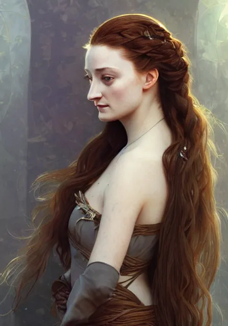 Image similar to portrait of sansa stark with long hair, intricate, elegant, highly detailed, digital painting, artstation, concept art, smooth, sharp focus, illustration, art by artgerm and greg rutkowski and alphonse mucha and william - adolphe bouguereau