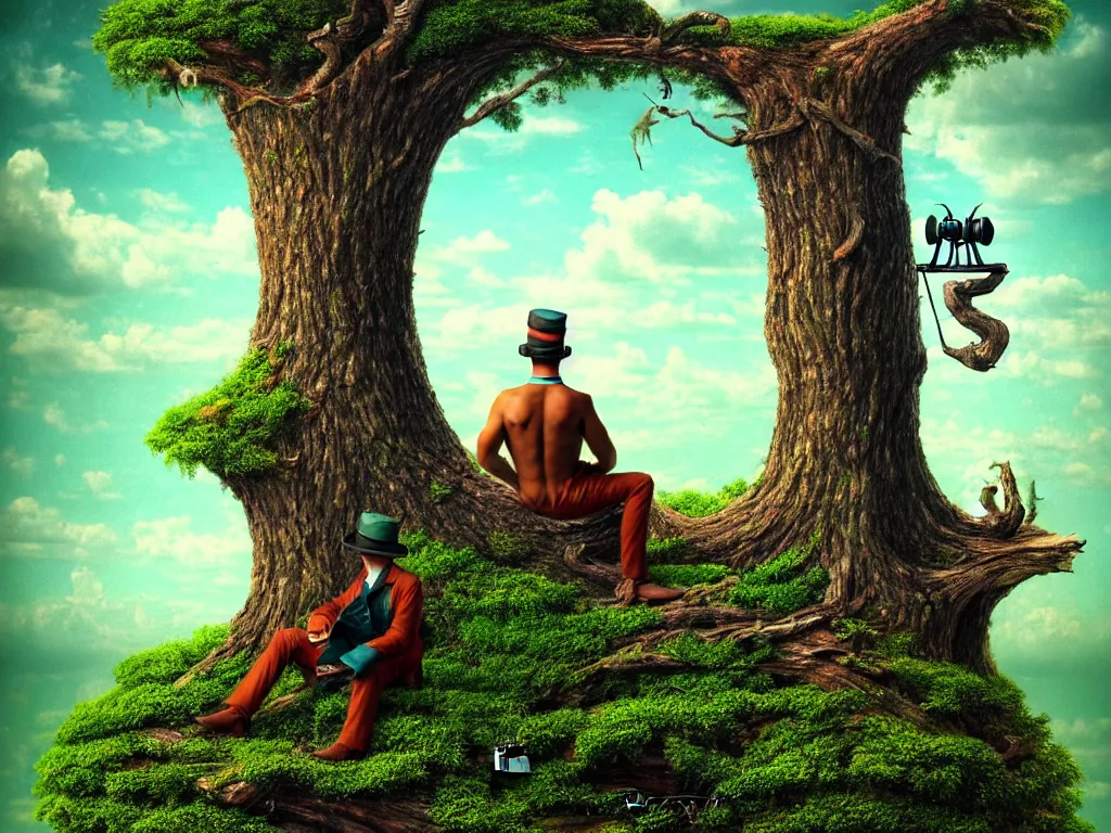 Image similar to highly detailed photo of a man sitting on a tree trunk looking to the left with binoculars, trending on deviantart, neo surrealism, sharp focus, a lot of little details, octane, masterpiece, art by max ernst