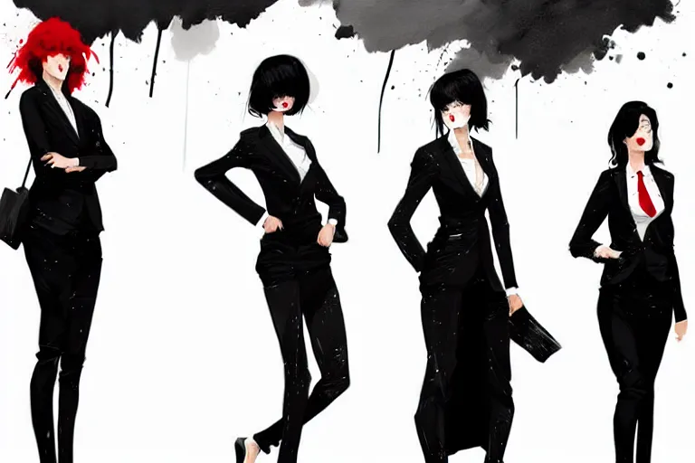 Prompt: a ultradetailed painting of three women in black suits with ties, by conrad roset, greg rutkowski and makoto shinkai trending on artstation