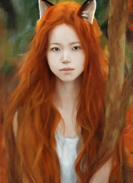 Image similar to portrait painting by tatsuki fujimoto, girl with fox ears, long wavy orange hair, light brown trenchcoat, forest background, focus on face, pretty, moody lighting, painterly