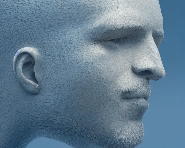 Prompt: a giant sculpture on the surface of the ocean of a human head, hyper - realistic, very detailed, realistic water, ray tracing, 8 k resolution, long - shot, sharp focus, low angle, 8 5 mm photograph, wide lens