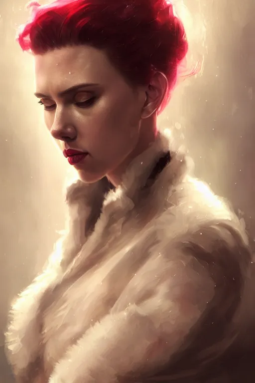 Image similar to a fancy portrait of a Scarlett Johansson deadpool by Greg Rutkowski, Sung Choi, Mitchell Mohrhauser, Maciej Kuciara, Johnson Ting, Maxim Verehin, Peter Konig, final fantasy , mythical, 8k photorealistic, cinematic lighting, HD, high details, atmospheric,