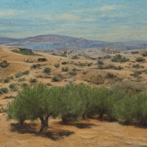 Prompt: a small town with olive trees in the desert by Reuven Rubin, detailed, brown and green color palette