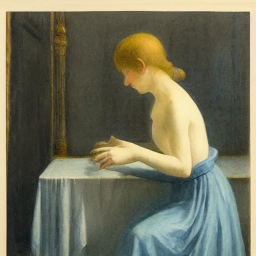 Prompt: close up of a girl in a blue and gold haunted liminal abandoned room, watercolor by canova, by hammershøi, art noveau, highly detailed, lights by edward hopper, liminal, eerie, bright pastel colors