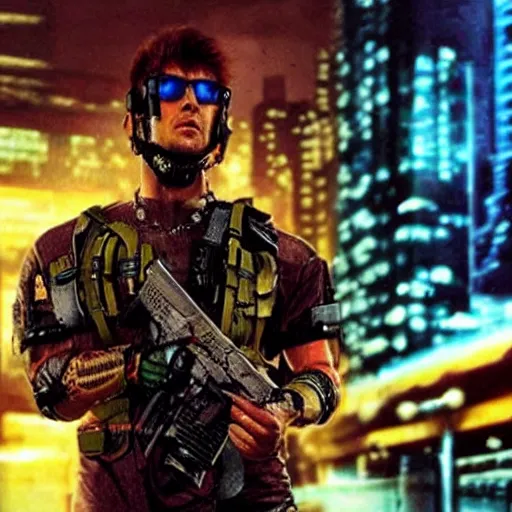 Prompt: Bionic Rambo in a cyberpunk world, movie still