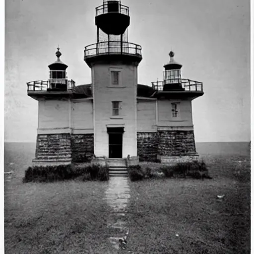 Image similar to worshippers dressed in robes belonging to the cult of the lighthouse. Dilapidated 1800s lighthouse. Unnaturally tall lighthouse. Beacons of light. 1800s photo.