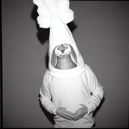 Image similar to conehead furry cult, 35mm grainy film photography