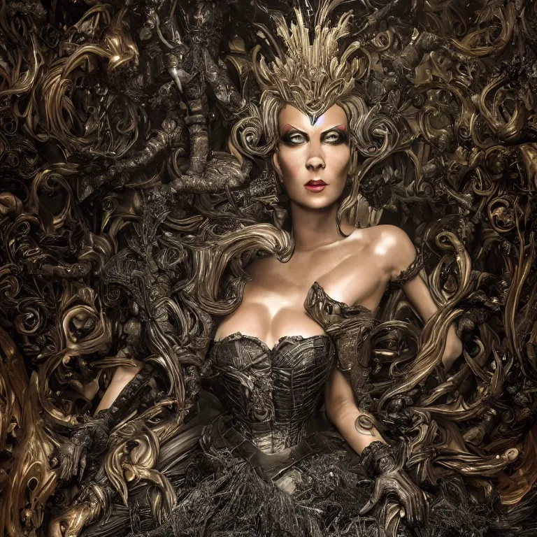Prompt: octane render portrait by wayne barlow and carlo crivelli and glenn fabry, an evil pixar disney queen wearing an elaborate rococo dress made out of shiny black latex inside a haunted dark and moody fantasy forest, cinema 4 d, ray traced lighting, very short depth of field, bokeh