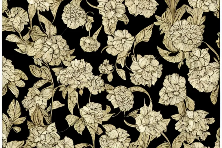 Image similar to elegant pattern of rustic flowers isolated in a black background : : art nouveau, by rafał olbinski