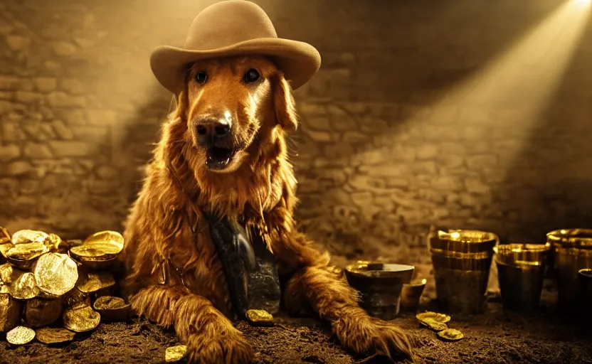 Image similar to a dirty golden retriever in a dark mine wearing a wild west hat and jacket with large piles of gold nuggets nearby, dim moody lighting, wooden supports, wall torches, stylized photo