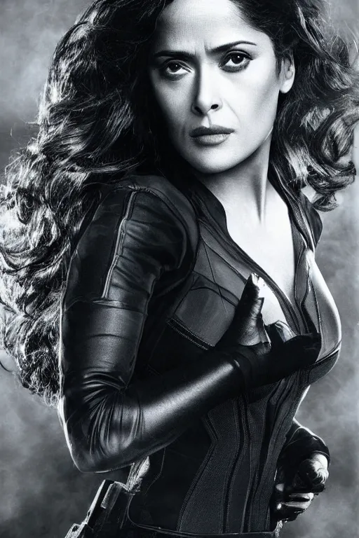 Prompt: salma hayek as black widow in the avengers, portrait realistic photograph, very detailed face