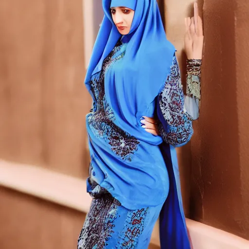 Prompt: photo of arabic women perfect curves, fair skin, blue eyes, long and dark eyelashes, glossy lips, long hair, fit body, good height, good dress sense, 4 k high resolution