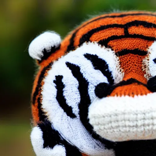 Image similar to a closeup photorealistic smiling knitted plush tiger from calvin and hobbes.