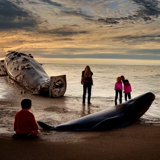 Image similar to family photograph in front of a decaying beached whale, dawn light, high resolution, dramatic
