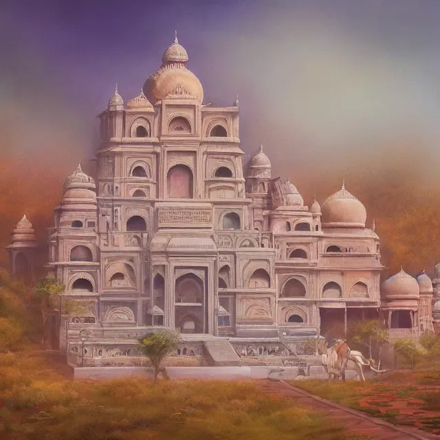 Image similar to the delicate opal palace beautifully showcases the architecture of india. oil painting by the award - winning concept artist