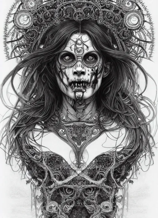 Prompt: an intricate detailed complex pencil drawing of a zombie, lovecraftian, contrast atmosphere, majestic, symmetrical face, artgerm, dark mist, portrait, detailed monochrome, featured on artstation hd, detalied complex of monster illustration, character design art, border and embellishments dslr, hyperreal by alphonse mucha