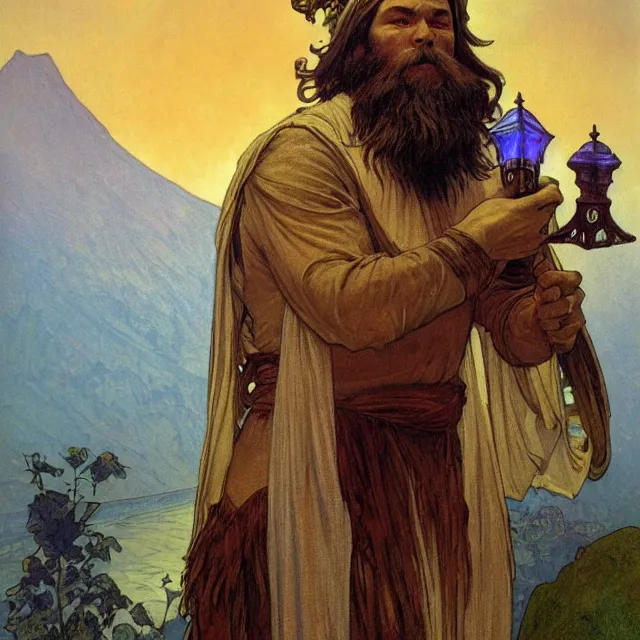 Image similar to an aesthetic! a detailed portrait of a man in a long beard, with a crown, holding a lantern with mountains of gold in the background, surrounded by his family, by frank frazetta and alphonse mucha, oil on canvas, art nouveau dungeons and dragons fantasy art, hd, god rays, ray tracing, crisp contour lines, huhd