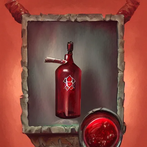 Prompt: painting of one health potion, red liquid, fantasy, concept art, glass, brown paper, dungeons and dragons, by tony diterlizzi, trending on artstation