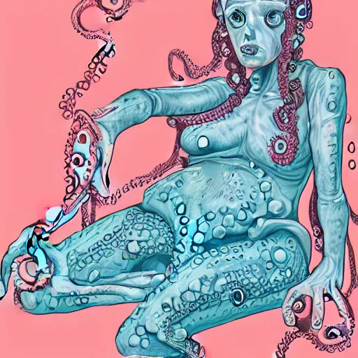 Prompt: a sad humanoid octopus girl with tentacles instead of limbs sitting on the floor, illustration by Martine Johanna