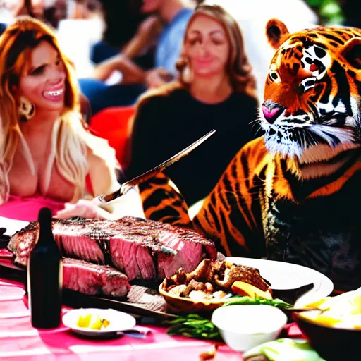 Image similar to tony the tiger eating a juicy steak while people watch