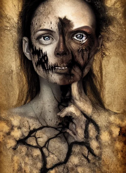 Image similar to dramatic matte portrait painting of woman with black mandelbrot fractal instead of face, horror, body horror, dark art, 4 k, detailed, realistic, psychotic, insane, crazy, mental illness, dramatic,