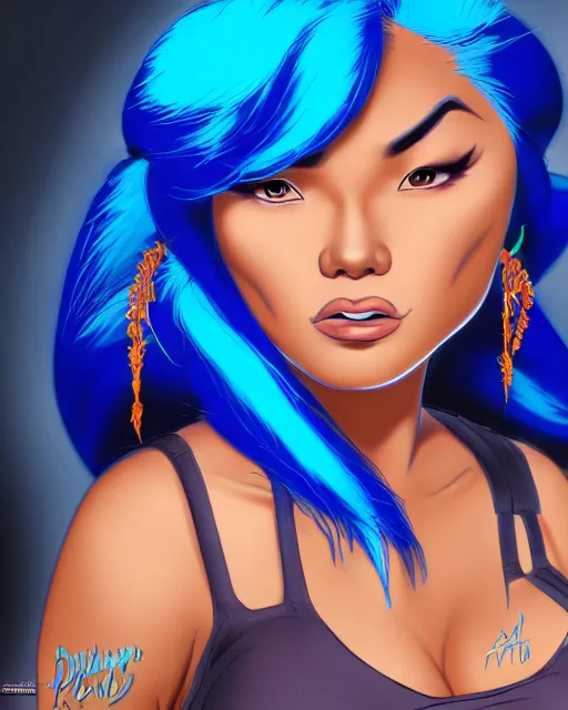 Image similar to welcoming heavy filipina woman character portrait, by don bluth, electric blue hair, sci - fi environment, highly detailed, dynamic shadows, 4 k, wallpaper - 1 0 2 4