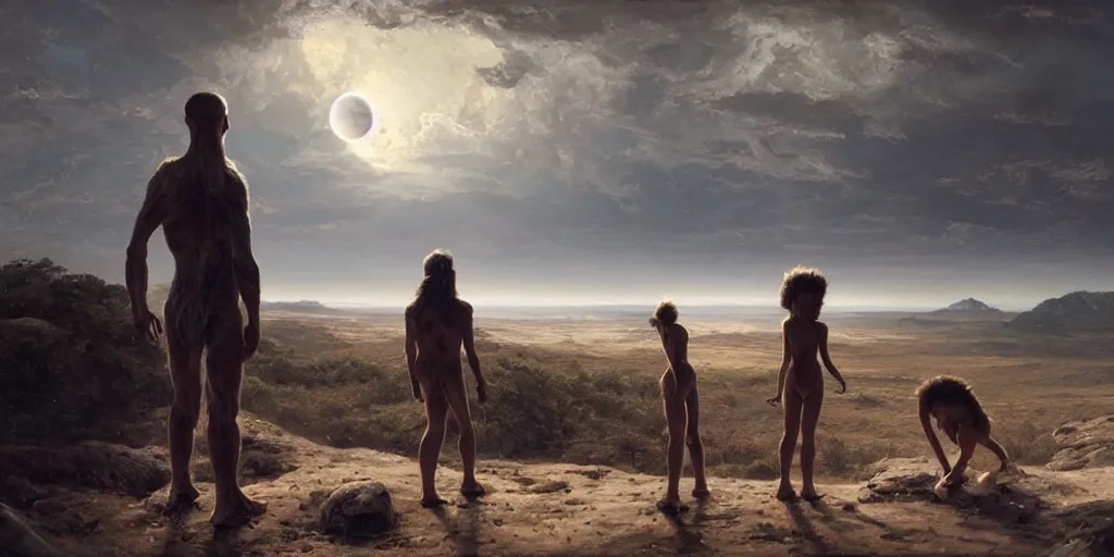 Prompt: A hyperrealistic painting of the first humans looking at the moon for the first time from the perspective of the creator alien race, by Greg Rutkowski, Sung Choi, Mitchell Mohrhauser, cinematic lighting, fine details, esoteric