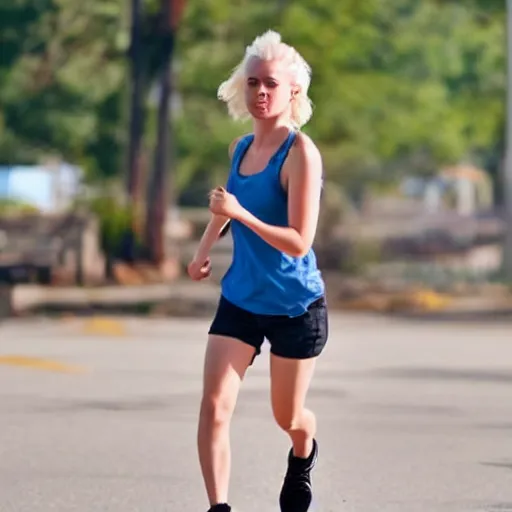 Image similar to a close up of 26 year old blonde attractive female in a tank top and jean shorts running away from zombies