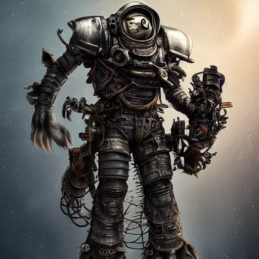 Image similar to mad max squid monster astronaut made out of ork technology from warhammer 40k, au naturel, hyper detailed, digital art, trending in artstation, cinematic lighting, studio quality, smooth render, unreal engine 5 rendered, octane rendered, art style by klimt and nixeu and ian sprigger and wlop and krenz cushart, full body portrait, well lit, intricate abstract. cyberpunk, intricate artwork, by Tooth Wu, wlop, beeple. octane render, trending on artstation, greg rutkowski very coherent symmetrical artwork. cinematic, hyper realism, high detail, octane render, 8k, minimalistic, hyperrealistic surrealism, award winning masterpiece with incredible details, a surreal vaporwave liminal space, highly detailed, trending on ArtStation