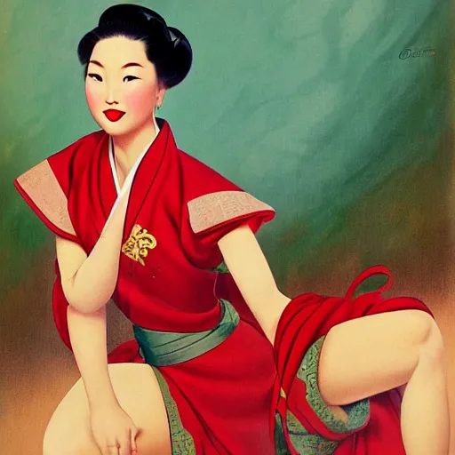 Image similar to full body portrait of mulan by gil elvgren
