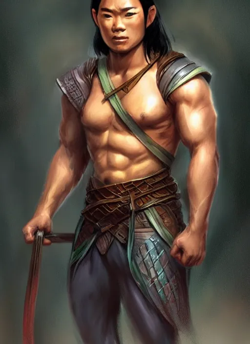 Image similar to muscly asian man with medium black parted hair, dndbeyond, bright, colourful, realistic, dnd character portrait, full body, pathfinder, pinterest, art by ralph horsley, dnd, rpg, lotr game design fanart by concept art, behance hd, artstation, deviantart, hdr render in unreal engine 5