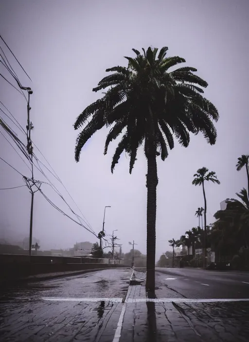 Prompt: a palm tree sitting on top of a wet sidewalk, a photo by rodolfo escalera, unsplash, hypermodernism, ominous vibe, ominous, apocalypse landscape