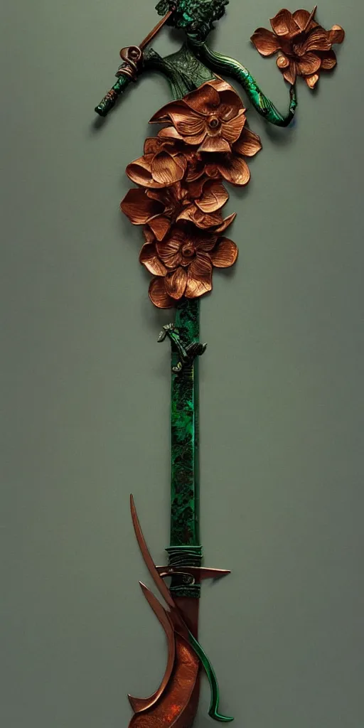 Image similar to a sword made from flower petals in the style of zdzisław beksinski, elegant, copper and emerald, shining