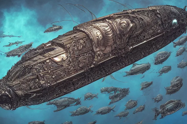 Prompt: a biomechanical submarine underwater by Moebius and Alex Ross, intricately deteailed, trending on artstation