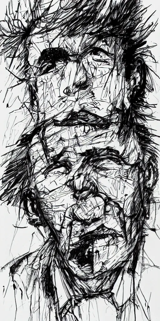 Image similar to a detailed loose wild messy ink sketch portrait of a Satoshi Nakamoto in the style of Ralph Steadman, caricature, dramatic