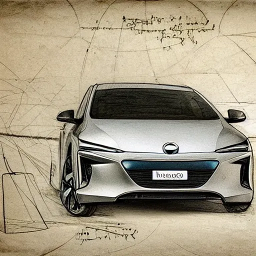 Prompt: technical sketch by leonardo da vinci an ioniq 5 electric car, parchment paper, whispy lines, highly detailed, - 4