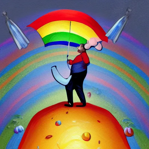 Prompt: complex illustration of a excessively rotund man juggling twinkies, cycling upon a tight rope in the rain, holding a rainbow umbrella, oil painting, knife palette, with a jolly expression, misty, cobblestone background