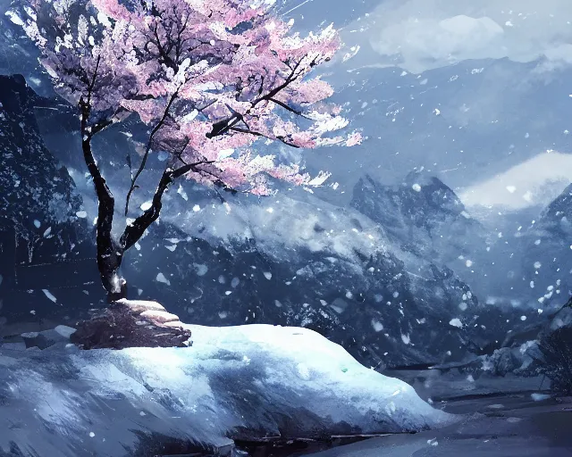 Image similar to snowy rocky field with a sakura tree, petals, cloudy, moodly lighting, snow in wind, illustration, by pine ( ハイネ ) and 薯 子 imoko and 香 川 悠 作 and wlop and maya takamura, highly detailed, trending artstation, pixiv, digital art