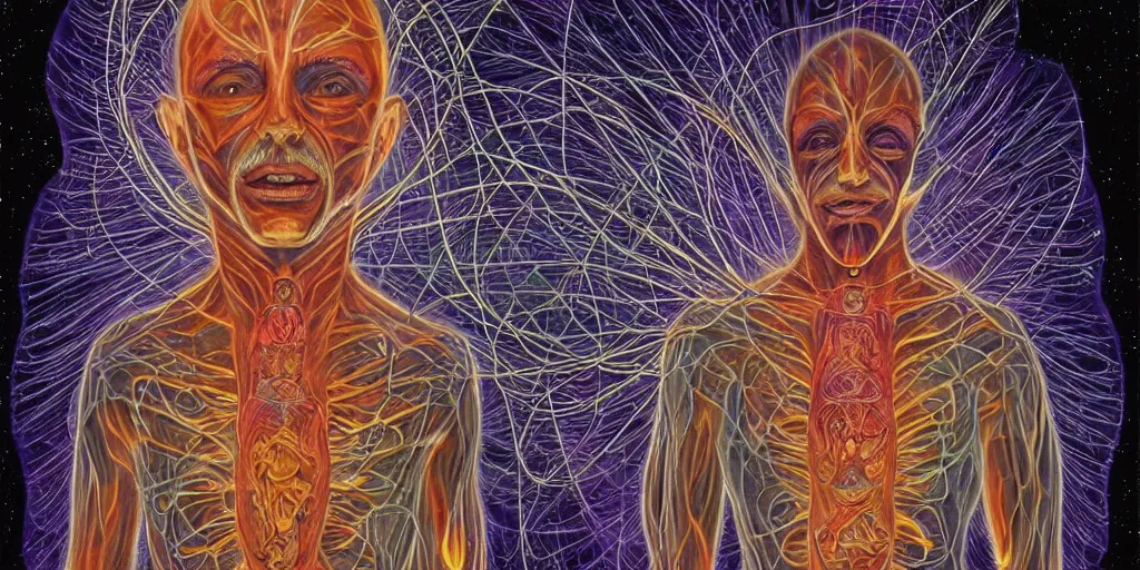 Image similar to man burning from the inside out casts astral projections around his body by alex grey!!!!, cosmic, meridians