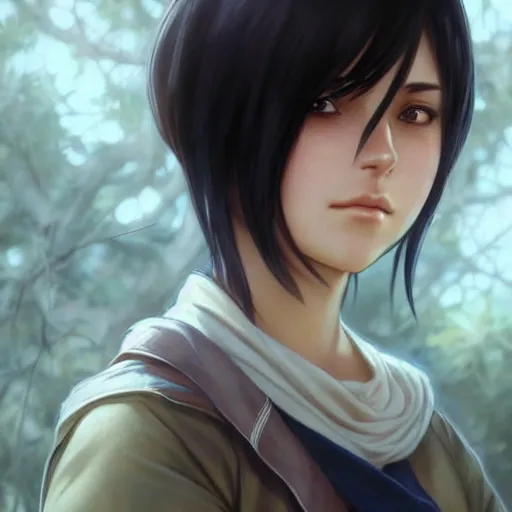 Prompt: mikasa ackerman, bokeh, beautiful face!!!!, 2 7 years old, cg animation, lifelike, animated, realistic, character select portrait, by artgerm, greg rutkowski, alphonse mucha, 3 d