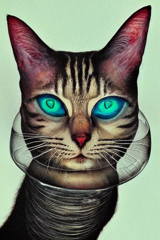 Image similar to portrait of an ethereal cat inside a light bulb, modern fine art, lithe, dreamscape, intricate, elegant, subsurface scattering, highly detailed, pop art painting, organic acrylic flow art, psychedelic surreal art, acrylic art, watercolor, featured on deviantart, cgsociety