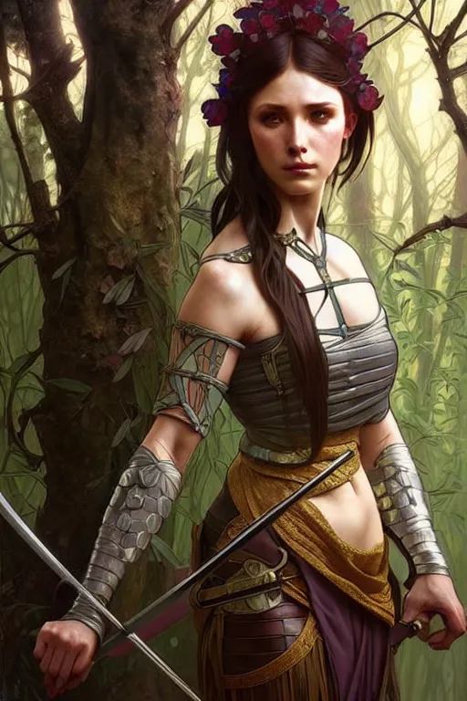 Image similar to beautiful digital painting of a stylish medieval female warrior forest with high detail, 8 k, stunning detail, works by artgerm, greg rutkowski and alphonse mucha, unreal engine 5, 4 k uhd