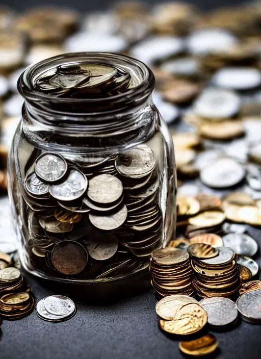 Image similar to crystal jar full of coins, dark, doom, obscure, high definition, high quality photo, 8k